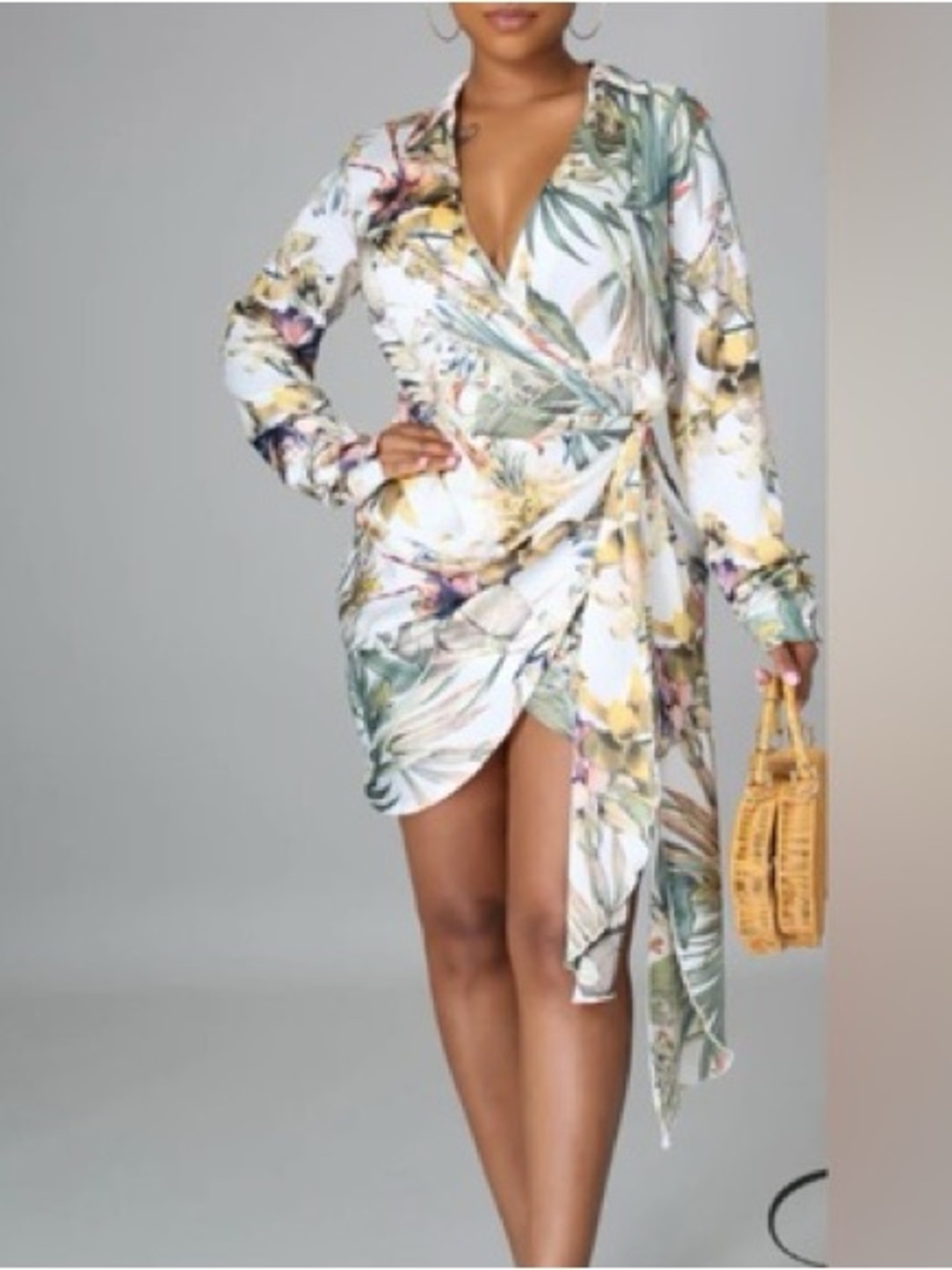 Vici Tropical Floral Wrap Dress in White, Green, Yellow - Picture 5 of 12